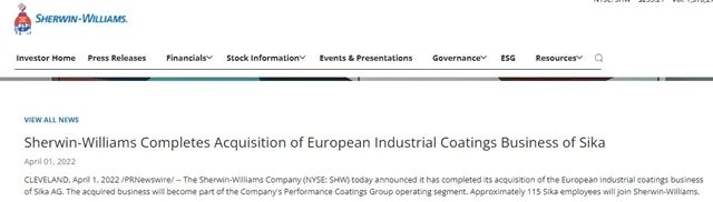 4月1日，宣偉在公司官網(wǎng)宣布，已經(jīng)完成了對(duì)西卡公司洲工業(yè)涂料業(yè)務(wù)的收購(gòu)